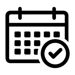 Black calendar icon with a checkmark inside a circle indicating a completed event or task scheduled