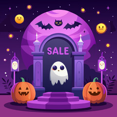 Spooky halloween sale event with a ghost and pumpkins under a full moon