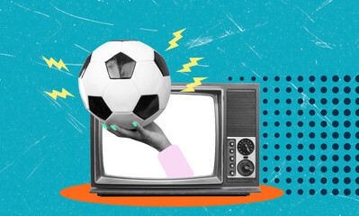 Art collage, Exciting soccer action on vintage television shows passion for the game and...