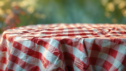 Table covered with red and white checkered tablecloth outdoors with blurred greenery background.