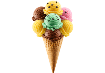Ice Cream Scoops Stacked on Waffle Cone Isolated on Transparent Background