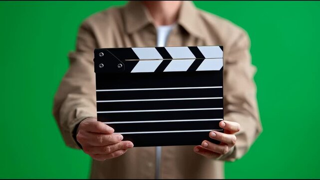 Person holding a clapperboard against a green background, preparing for a film shoot in a studio setting