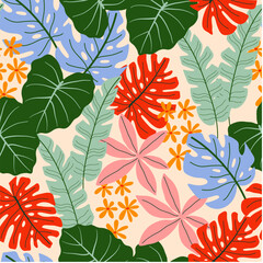 Abstract seamless tropical pattern with bright plants and leaves on a beige background. Beautiful exotic plants.  Jungle leaf seamless vector floral pattern background.