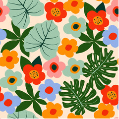 Abstract seamless tropical pattern with bright plants and leaves on pastel background. Seamless exotic pattern with tropical plants. Vector design. Jungle print. Floral background. 