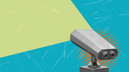 Art collage, Vintage binocular viewer with vibrant background providing a unique perspective for sightseeing enthusiasts