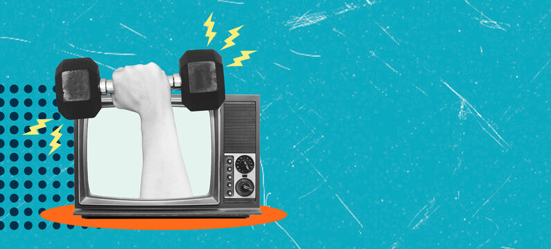 Art collage, Retro television displays a hand lifting a dumbbell showcasing fitness enthusiasm and vintage style