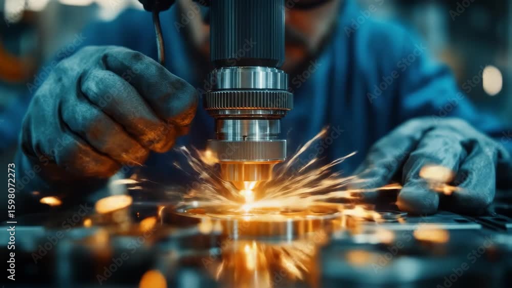 Poster metalworking, focused on a worker using a machine to precisely shape metal parts with sparks flying
