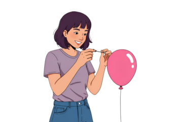 Illustration: Girl with Purple Hair Popping a Pink Balloon