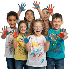 Group Of Children With Painted Hands On White Background