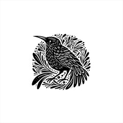 Obraz premium Black and white illustration of a starling bird with decorative floral elements
