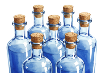Illustration: Seven Blue Potion Bottles with Cork Stoppers