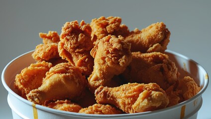 Fried chicken pieces in a white bowl.