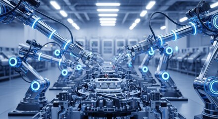Multiple robotic arms collaboratively building machinery in a cuttingedge manufacturing environment.