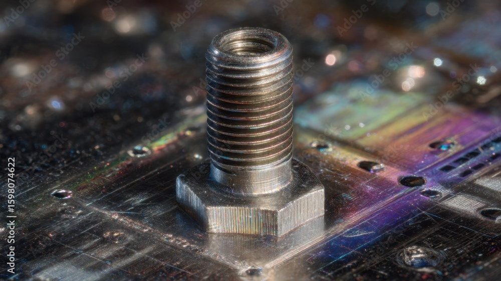 Poster precision engineered metallic threaded fastener nestled within complex aerospace structure, represen