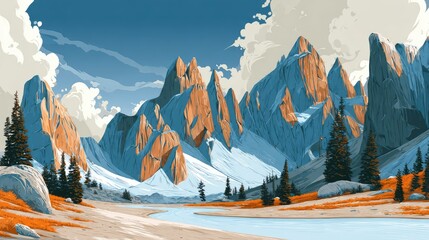 Serene Autumnal Mountain Landscape:  Stylized Vector Illustration of Majestic Peaks, Tranquil River, and Coniferous Forest.