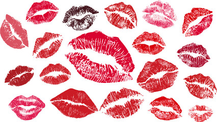 Female lipstick prints. Isolated vibrant lips print pink red winery colors. Women elements decor, flirting, romantic items. Lipsticks samples vector set