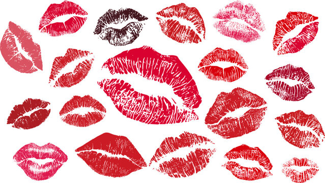 Female lipstick prints. Isolated vibrant lips print pink red winery colors. Women elements decor, flirting, romantic items. Lipsticks samples vector set
