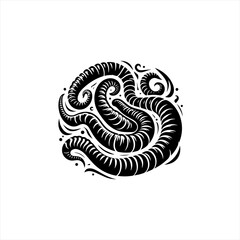 Fototapeta premium Abstract black and white illustration of coiled worms or tentacles forming a circular pattern