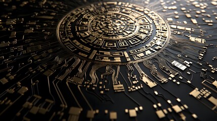 Fototapeta premium Intricate Circuit Board Design with Gold Pattern and Lines