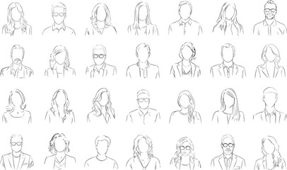 Fototapeta premium Human avatars outline. Sketch business people shoulder portraits, front view male female in eyeglasses and suits. Anonymous vector characters