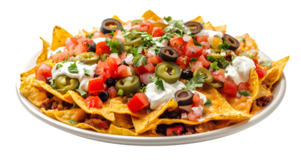 Delicious Plate of Cheesy Nachos with Toppings on White Background