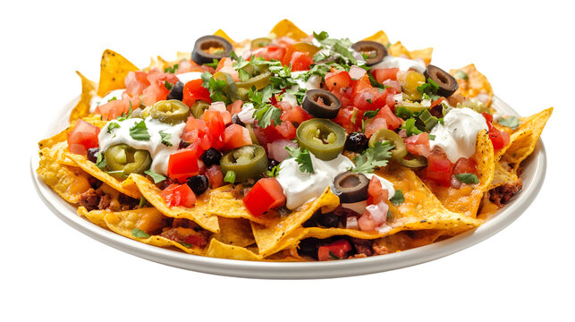 Delicious Plate of Cheesy Nachos with Toppings on White Background - Powered by Adobe