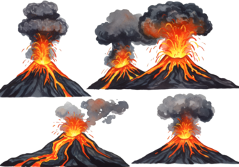 Illustration: Collection Of Volcanoes Erupting With Lava And Smoke