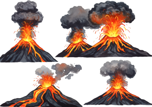 Illustration: Collection Of Volcanoes Erupting With Lava And Smoke