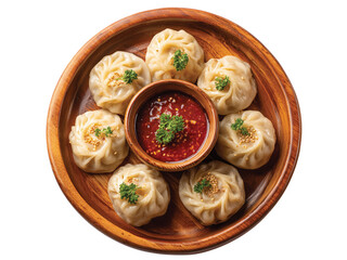 Dumpling momos with sauce in a wooden plate isolated on transparent background png