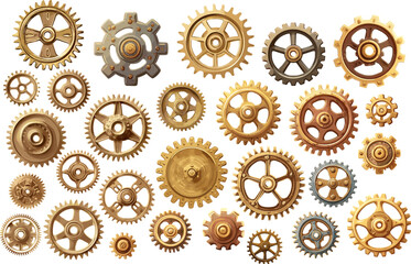 Vintage style metal gears. Old brass bronze and gold gear wheels. Isolated cogwheels metallic retro style. Decorative mechanic elements vector set