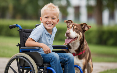 Happy disabled little boy in a wheelchair with a dog in an outdoor environment. wheelchair child, rehabilitation center, special needs.	