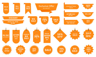 Big vector set of promotional autumn labels and badges. Includes sale, discount, and special offer elements. Perfect for seasonal marketing, banners, and packaging. Vector illustration.