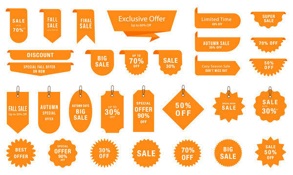 Big vector set of promotional autumn labels and badges. Includes sale, discount, and special offer elements. Perfect for seasonal marketing, banners, and packaging. Vector illustration.