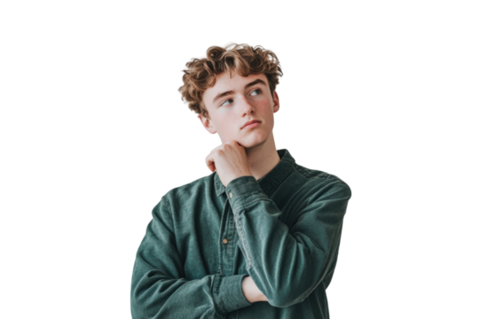 A young man stands thoughtfully with his hand on his chin against a white background PNG