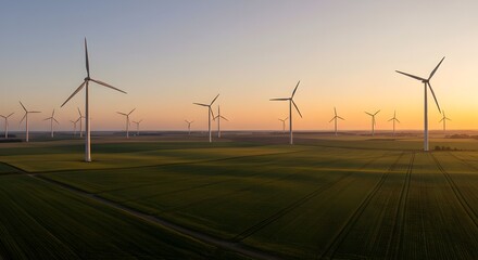 Wind turbines in the countryside at sunset with soft golden light, concept of clean, renewable, and sustainable energy in a natural rural landscape.