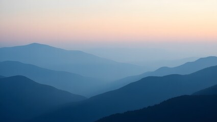 Fototapeta premium Serene Blue Mountain Range Silhouette at Sunset: Peaceful Landscape Photography