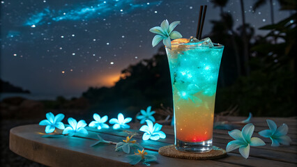 Exotic tropical cocktail with a flower on the table under a star-filled night sky creates a relaxing vacation scene.