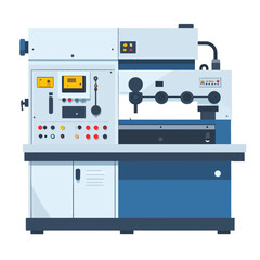 A blue and white industrial machine with a detailed control panel, featuring buttons and gauges. Flat vector illustration of factory equipment.