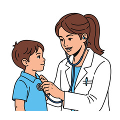 A vector illustration of a female doctor wearing a white coat and using a stethoscope, interacting with a young child patient, friendly expression