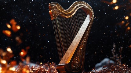 Fototapeta premium Stunning Harp Against a Dreamy Background of Sparkling Light and Bokeh, Perfect for Musical Themes and Artistic Concepts in Stock Imagery