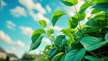 Close-up of green leaves on plant with sky and clouds in background. Nature, foliage, and sunny weather. The scene of verdant greenery and outdoor environment.