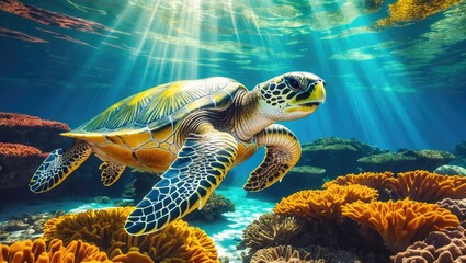 Fototapeta premium Colorful turtle swimming underwater among vibrant corals and sunlight streaming through the water. Marine life scene, ocean ecosystem, aquatic environment.