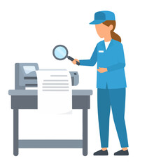 Person in Blue Uniform Inspecting Document with Magnifying Glass