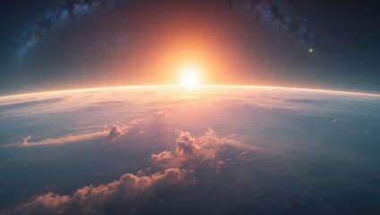 Sunrise over Earth from space with a glow and atmospheric clouds. Astronomy and space exploration, concept. Planetary science and celestial observation. The concept of space and Earth.