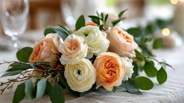 Vibrant floral table arrangement with peonies and roses captured in soft lighting