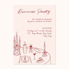 Hand-drawn dinner party invitation with foods, drinks and candles on the table. Printable whimsical dinner party invitation template.