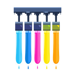 Five Cylindrical Ink Cartridges Dripping Cyan, Blue, Magenta, Yellow, Orange Liquids