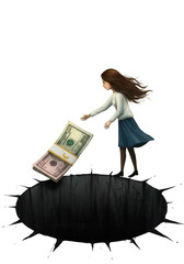 Illustration of Girl Dropping Money into Dark Hole