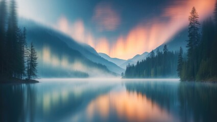Fototapeta premium Serene mountain lake scene during sunset or sunrise with dramatic sky and reflections, showcasing nature's tranquility.