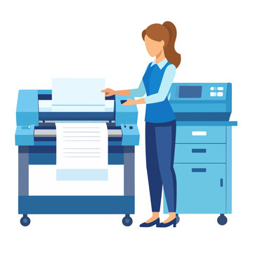 Professional woman in blue uniform operating a large format industrial printer and plotter.